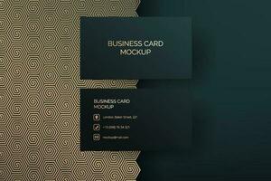 Modern and elegant vector business card mock up template. The hexagon pattern in green and gold colors creates an abstract and luxurious design. Perfect for corporate branding and presentations