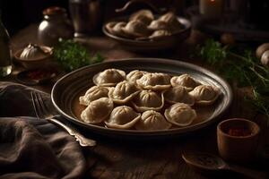 Delicious dumplings in the pot on the table. Neural network photo