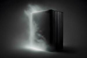 Hardcover vertical black mockup book standing on the black background with smoke. Neural network generated art photo