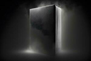 Hardcover vertical black mockup book standing on the black background with smoke. Neural network generated art photo