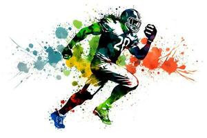 american football player man with multicolored paint splash, isolated on white background. Neural network generated art photo