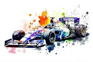 formula one race red car on watercolor rainbow splash, isolated on white. Neural network generated art photo