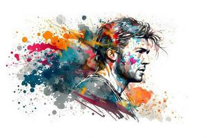 football soccer player in action with rrainbow watercolor splash. isolated white background. Neural network generated art photo