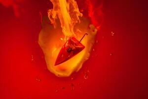 Fresh red chilli pepper in fire as a symbol of burning feeling of spicy food and spices. Red background. Neural network photo