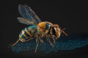 honey bee with water drops close-up. Neural network photo