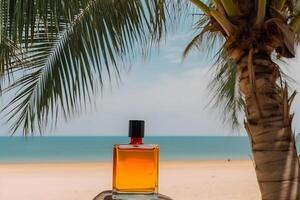 A bottle of perfume on the seashore is enveloped in a wave. Yellow sand on the beach, marine cosmetics and fragrance. Neural network photo