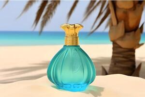 A bottle of perfume on the seashore is enveloped in a wave. Yellow sand on the beach, marine cosmetics and fragrance. Neural network photo
