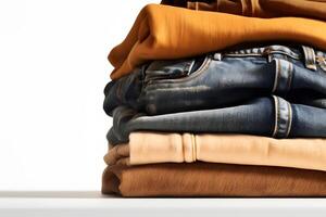 Jeans trousers stack on white background. Neural network photo