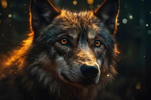 Grey Wolf Portrait captive animal. Neural network photo