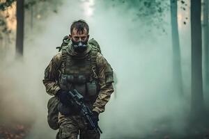 completamente equipado soldado en un camuflaje uniforme emergente desde un soplo de fumar en el medio de un pino bosque. neural red ai generado foto