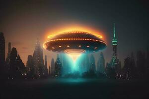 UFO object with glowing lights flying to city center on a rainy day. Neural network generated art photo