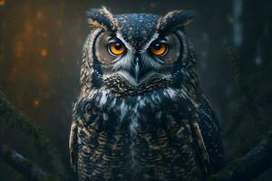 European eagle owl perched on a post and staring forward against a dark background the eyes are penetrating the viewer. Neural network generated art photo