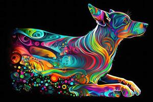 pinscher perro en creativo arco iris neón. neural red ai generado foto