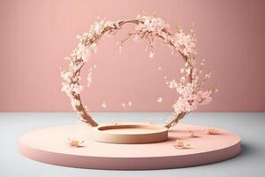 Fresh lush pink sakura flowers on branch with podium mockup in soft light. Neural network photo