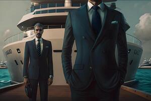 Confident successful businessman on the background of a private yacht. Neural network photo