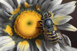 bee on chamomile closeup. Neural network photo