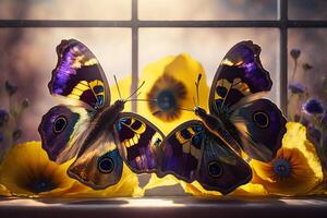 Amazing background with butterflies and flowers. Neural network photo