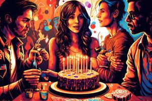 cumpleaños fiesta celebracion con amigos y pastel. neural red ai generado foto