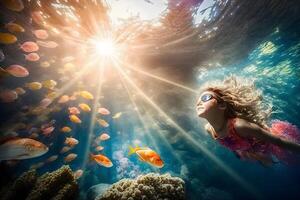 Mermaid girl swims underwater among the fish. Neural network photo