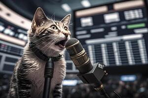 Cat artist sings into a microphone. Neural network photo