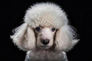 Portrait of a poodle dog on a black background. Neural network photo