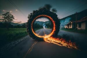 Wheel, tire burning on the track. Neural network photo