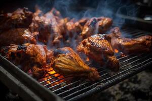 Tasty chicken legs and wings on the grill with fire flames. Neural network photo