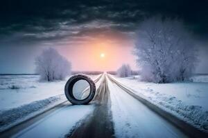 Winter tire on ice. Neural network photo