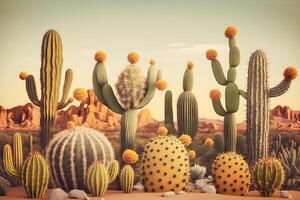 Desierto cactus cactus florecer y saguaros. neural red ai generado foto