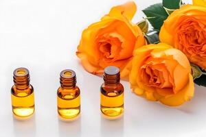 rose flower and glass of bottle essential oil or rose water with rose petals, spa and aromatherapy cosmetic concept. Neural network photo