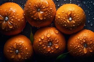 fresh orange fruits with leaves as background, top view. Neural network photo