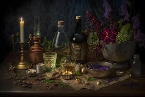 Witchcraft magical still life with alchemical bottles. Neural network photo