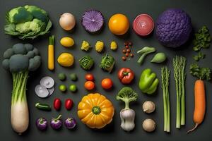 vegetales diferente plano poner. comida concepto. neural red ai generado foto