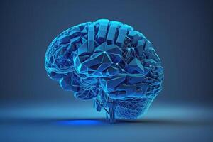 Human brain shape of an artificial intelligence with line dots on dark blue color background. Digital technology brain concept. Neural network photo