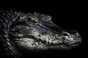 Close up view crocodile. Wild animal isolated on a black background. Neural network photo