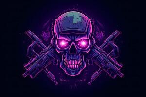 Purple punk cyber human skull with weapon. Neural network photo