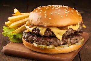 Craft beef burger and french fries on wooden table isolated on black background. Neural network photo