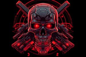 Red punk cyber human skull with weapon. Neural network photo