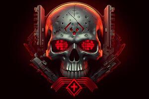 Red punk cyber human skull with weapon. Neural network photo