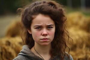 Portrait of a girl against the background of spikelets of wheat. Neural network photo