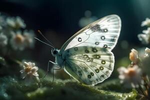 blossoming sakura. branch of blossoming sakura and bright blue morpho butterfly. Neural network photo