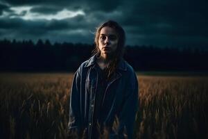 retrato de un hermosa niña en el noche en el campo. neural red ai generado foto