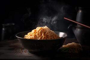 Black bowl with chinese noodles Jiangsu cuisine. Neural network photo