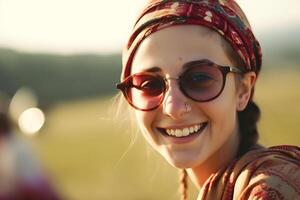 Close up portrait of young woman in turban. Neural network photo