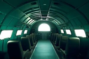 Inside empty passenger aircraft cabin. Neural network photo