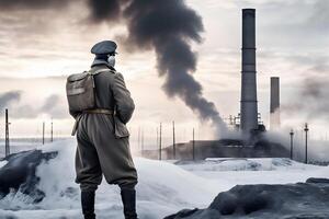 invierno ártico montañas guerra. soldado en frío condiciones. neural red ai generado foto