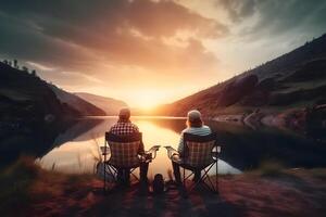 Pareja en vacaciones en el montañas admirativo el puesta de sol. neural red ai generado foto