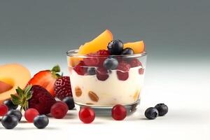 Healthy breakfast, natural yogurt with fresh berries and muesli. Neural network photo