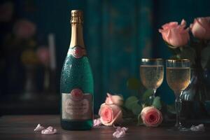 Champagne and roses elegant background. Neural network photo