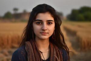 Portrait of a indian girl against the background of spikelets of wheat. Neural network photo